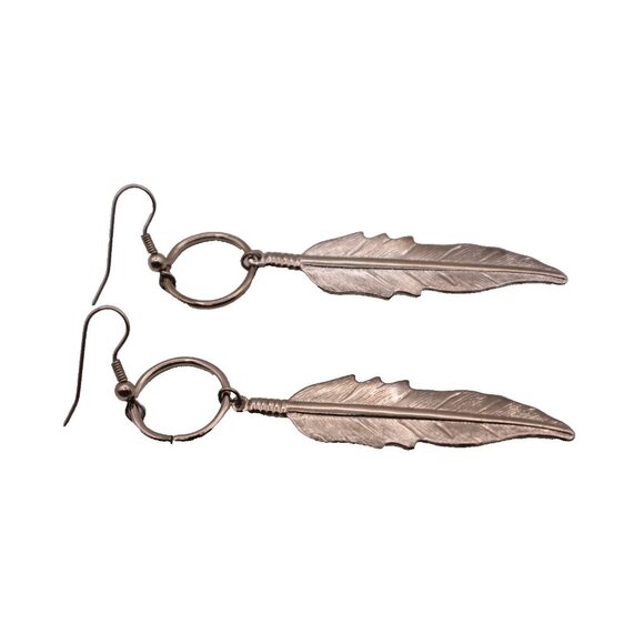 Feather Dangle Drop Earrings Silver Tone Native American Boho French Hook 3.5" - Picture 3 of 7